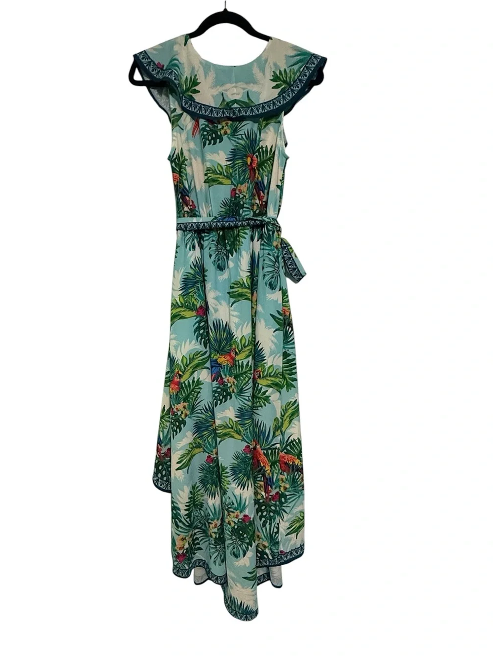 Flying Tomato Tropical Palm Print Ruffle Maxi Dress in Aqua Green